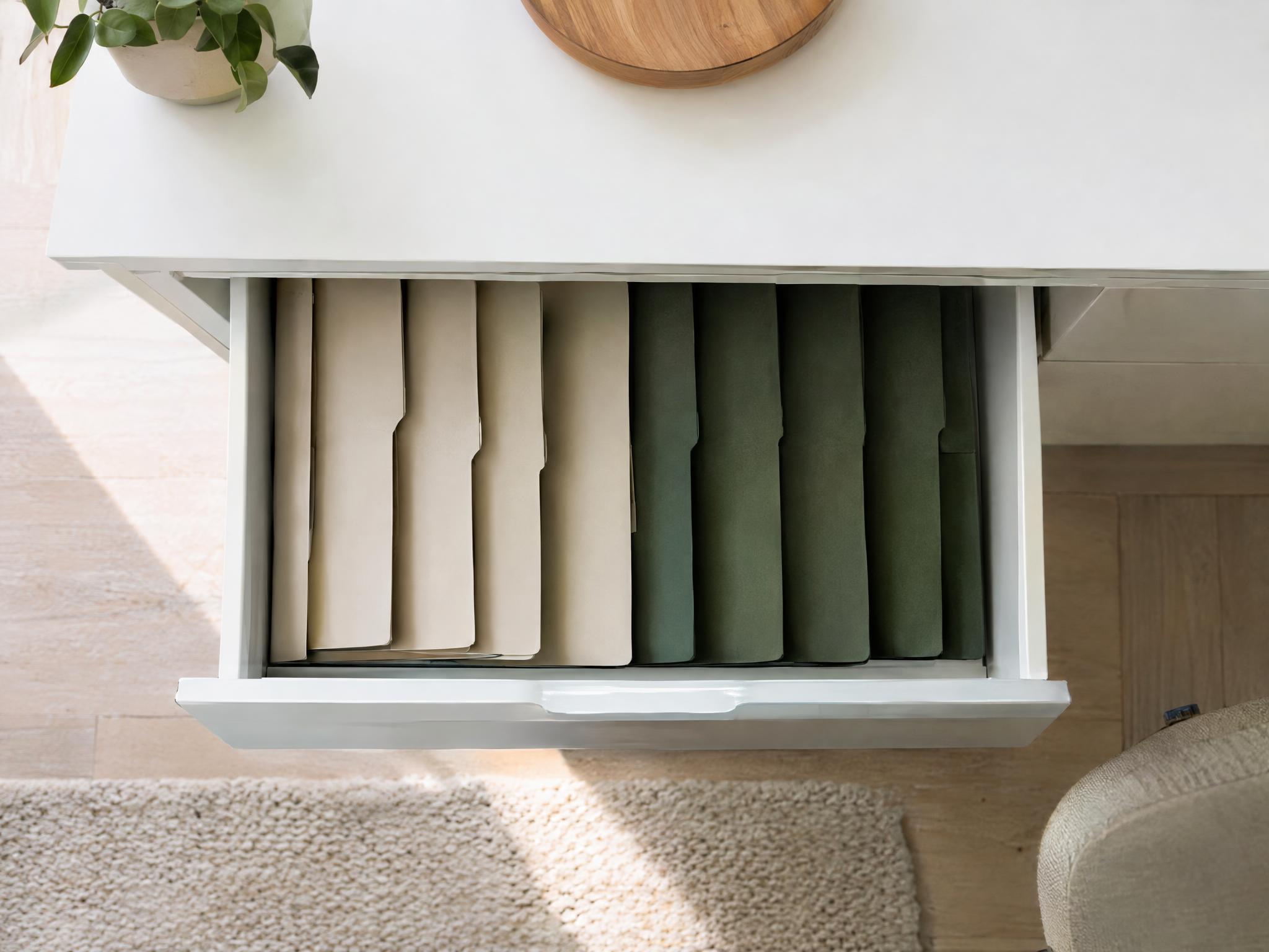 A quiet home workspace with closed folders stored in a drawer