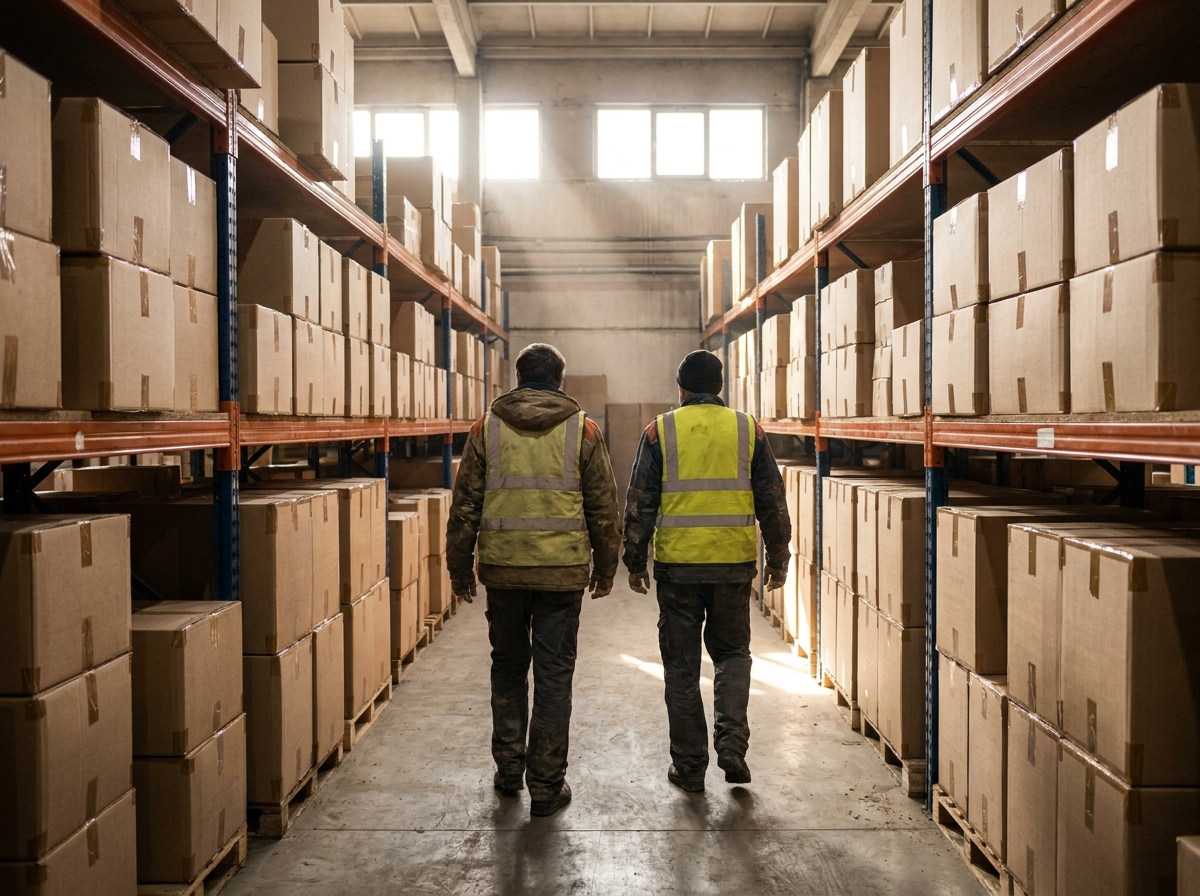 Warehouse workers moving through an unmarked aisle during a shift